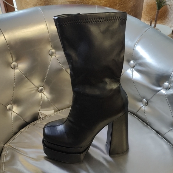 Shoes - Black Platform High-Heel Mid-Calf Boots - Women's Fashion